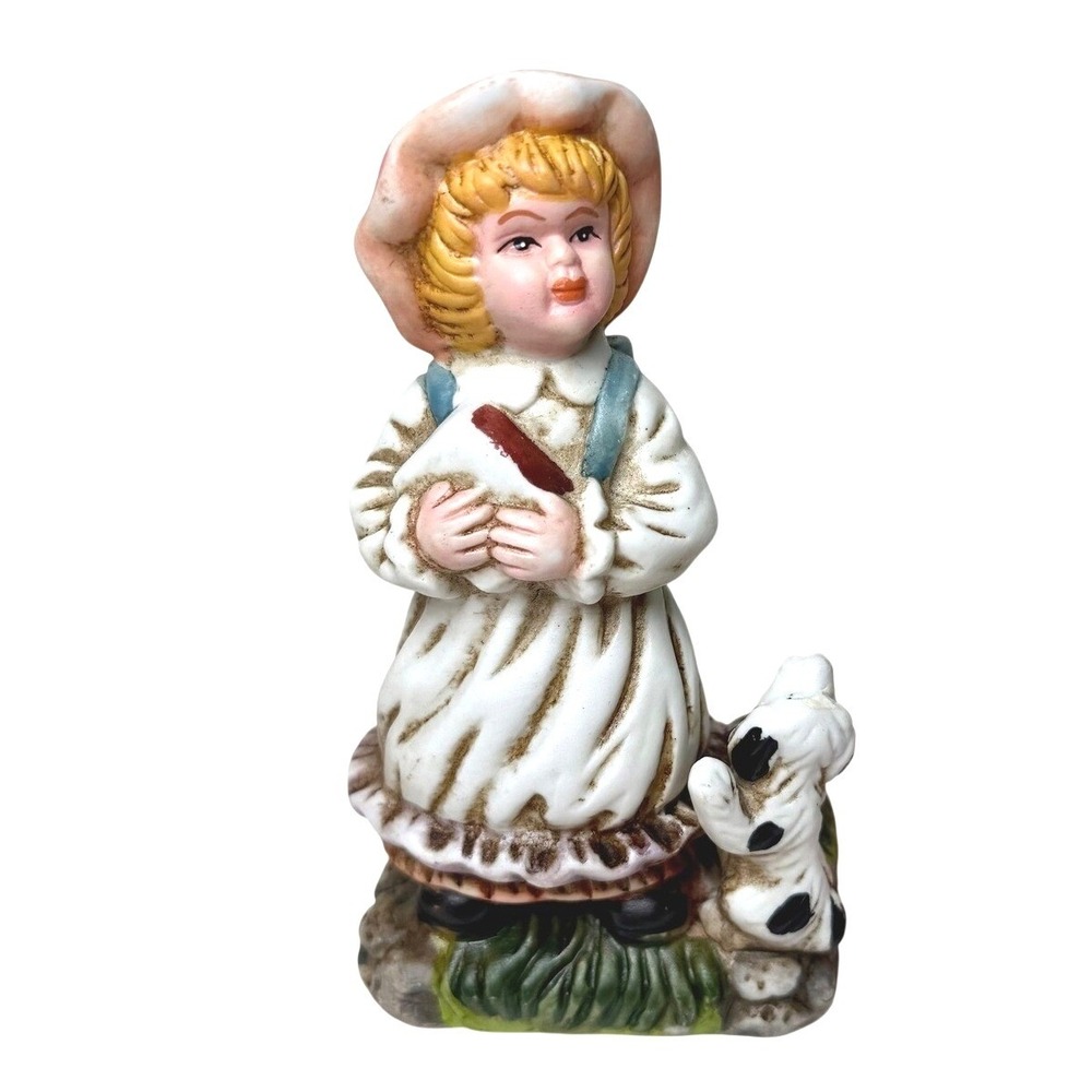 Vintage Porcelain Girl Figurine with Backpack and Spotted Dog Hand Painted